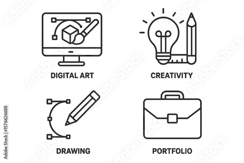 Graphic design icon set. Line art icons for web and mobile app. Digital art, creativity, vector drawing, portfolio, and creative process. UI, UX, and design tools symbol.
