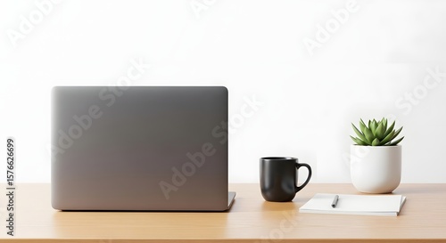 Back view of a laptop with black mug and succulent plant on a wooden desk against a white background
