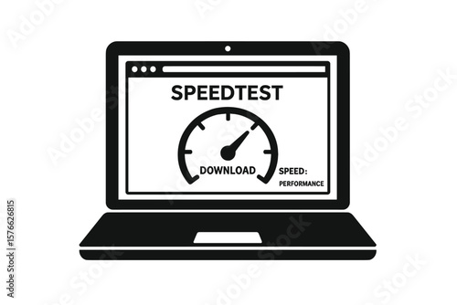 Laptop icon with internet speed test on screen. Download speed test on web page. Network performance information. Broadband connection diagnostic. Fast data transfer meter.