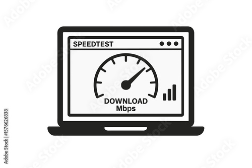 Laptop icon with internet speed test on screen. Concept of network performance, bandwidth meter, and download speed. Fast broadband connection, wifi signal strength vector.