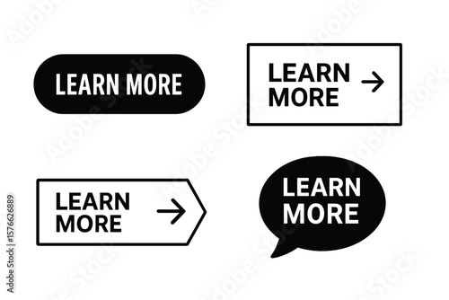 Learn more button set. Call to action web buttons collection. Modern trendy vector graphic design for website UI. Read more information sign. Click here icon symbol.