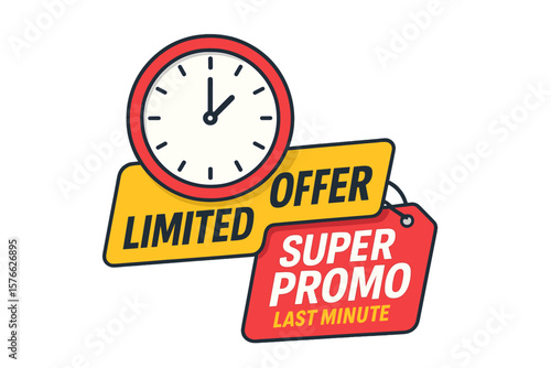 Limited offer promo banner with clock. Last minute chance for super promo deal. Sale countdown timer for one day sales. Exclusive discount price tag for retail advertising.