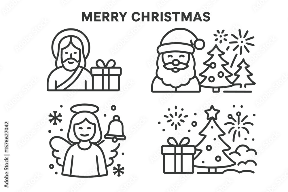 Christmas line icon set. Santa, Jesus, angel, tree symbols. Holiday winter collection. Xmas gift, bell, festive celebration linear vector graphic illustration for web. Christmas line icon set. Santa, Jesus, angel, tree symbols. Holiday winter collection. Xmas gift, bell, festive celebration linear vector graphic illustration for web.