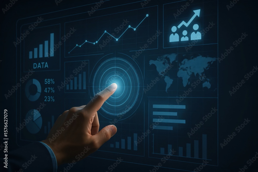 Obraz premium Engaging digital interaction showcasing data analysis graphs and metrics illuminated on a modern touchscreen with a hand demonstrating precise control in a dark environment.