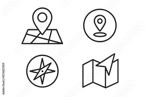 Navigation line icon set. Location pin, map pointer, GPS tracker, compass direction, route guide. Simple thin outline vector symbols for web, mobile app, UI, UX design kit.