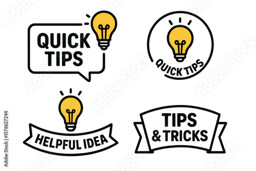 Quick Tips and Helpful Tricks Vector Logos Set, Emblems and Banners with Light Bulb, Speech Bubble, Helpful Idea, Solution, Advice, Tips and Tricks Badge, Modern Flat Design Illustration