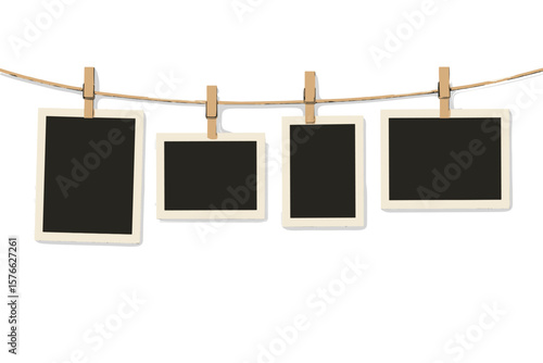 Retro Blank Photo Frame Templates Hanging on Rope with Wooden Pegs, Set of 4, Realistic Vertical and Horizontal Empty Photo Card Mockups, Vintage Wall Display Design