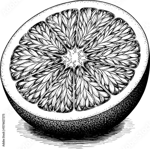 Orange half with pulp segments and shading, hand-drawn style