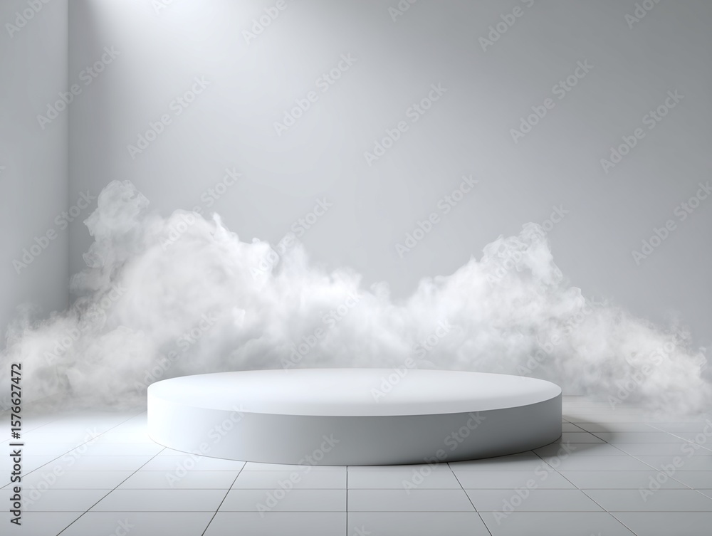 Obraz premium White Cylindrical Platform with Simulated Fog in White Room