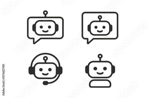Chatbot Icon Set in Flat Style. Customer Support Bot, Online Assistant, Messenger Chatbot, Service Robot, Virtual Helpdesk, Communication, Tech Support, Consultation, FAQ, AI Assistant