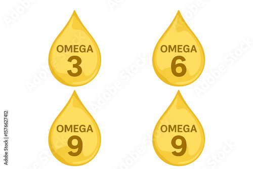 Golden Omega Fatty Acid Drops Icons Set. Omega-3, Omega-6, Omega-9 Polyunsaturated Fatty Acids. Nutrient Supplement, Natural Fish Oil, Organic Vitamin, Healthy Nutrition Concept