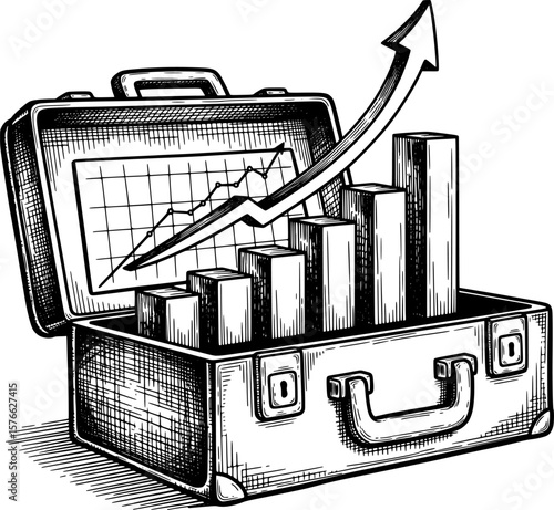 Bar chart rising from briefcase for business growth, hand-drawn style