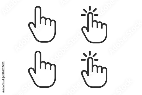 Hand Pointer Cursor Icon Collection. Mouse Click Symbol Set. Clicking Finger Gesture. Computer Cursor Outline. Modern UI Pointer. Touchscreen Interaction. Vector Illustration
