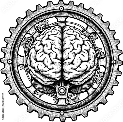 Brain inside gear for AI automation, hand-drawn style