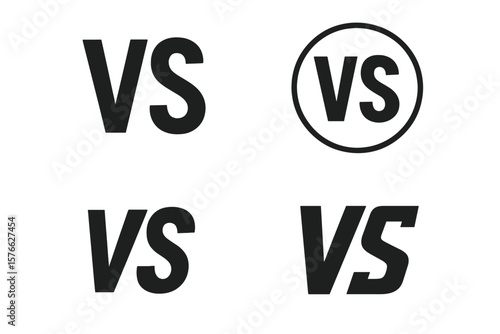 Versus VS Letters Logo Set. Sports Competition Battle Game Match Icon. Flat Black Font Design. 4 Modern Versus Symbols for Fight Event, Tournament, Challenge, Confrontation, Duel, Showdown