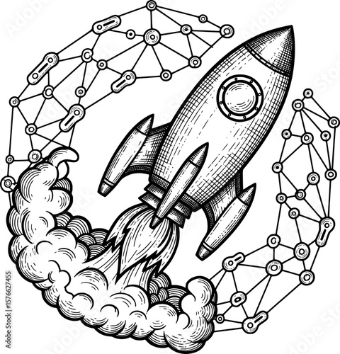 Rocket inside network node for tech growth, hand-drawn style