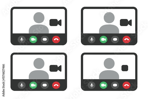Set of 4 Video Call Icons, Video Conference UI Buttons, Online Video Chat App Interface, Internet Talk Symbols, User Interface Elements for Web, Video Call Screen Vector
