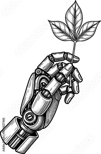 Mechanical hand holding leaf for robotics, hand-drawn style
