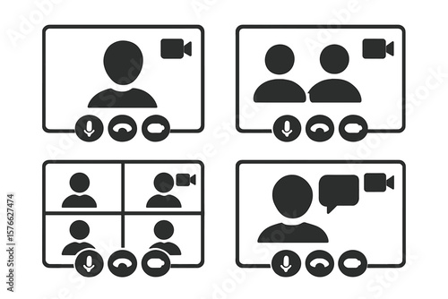 Set of 4 Video Call Icons, Video Conference, Online Video Chat App Interface, Internet Talk, User Interface Symbols, Web 3 Communication, Digital Meeting Buttons