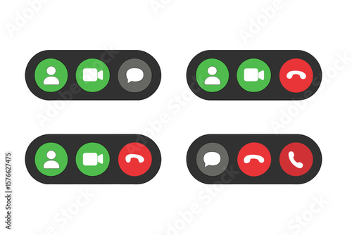 Video call interface icon set. Online video conference, chat, call, end call, user profile buttons. Modern UI symbols for web, mobile app, internet communication, vector template