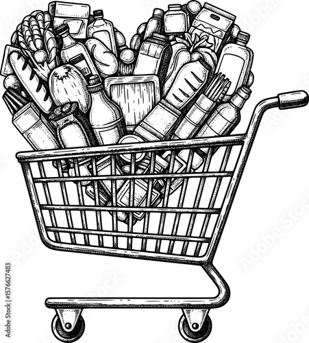 Shopping cart with heart-shaped grocery for e-commerce, hand-drawn style