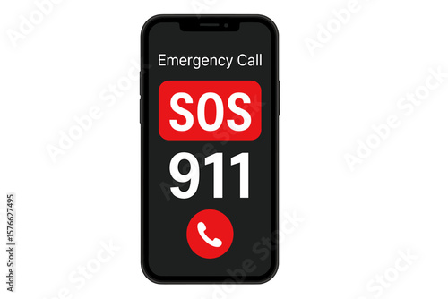 Emergency SOS Notification on Smartphone Screen. 911 Emergency Call Interface. Mobile Phone Displaying SOS Alert and Call for Help. Urgent Assistance Request. Vector Stock Illustration