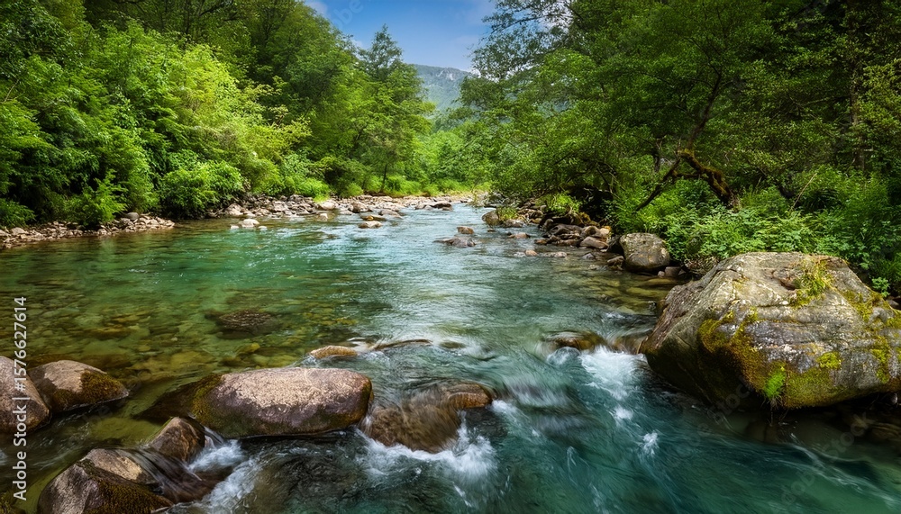 lush greenery surrounds a clear river as it gracefully flows over rocks the vibrant colors and calm atmosphere create a peaceful escape in nature lush greenery surrounds a clear river as it gracefully flows over rocks the vibrant colors and calm atmosphere create a peaceful escape in nature