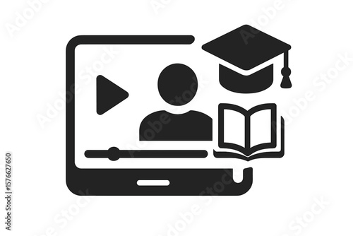 Online video tutorial icon. Distance education, e-learning, webinar, virtual classroom, knowledge growth, internet study, online course, graduation cap, book, student symbol