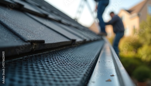 Close-up of house gutter with mesh leaf guard installed on shingle roof. Exterior home improvement project shows debris prevention for water drainage. Metal gutter system protects from leaves, dirt.