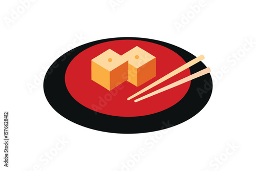 Tofu On Plate With Chopsticks Icon Vector On White