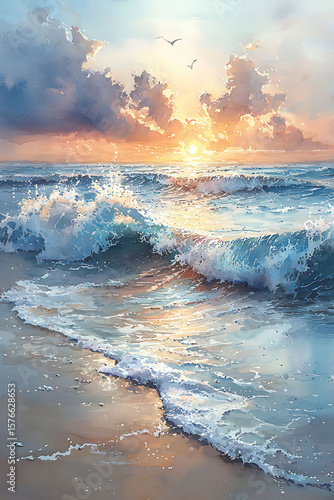 Watercolor of an early morning Easter service at a beach, with waves gently crashing in the background