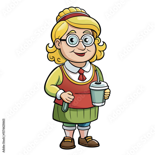 Cartoon woman with blonde hair, glasses, and a drink