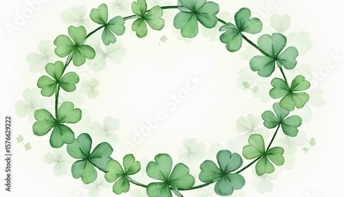 Watercolor illustration features circular frame of green shamrocks, clover leaves with subtle texture. Delicate spring floral design evokes luck, Irish heritage, natural beauty for invitations, cards.