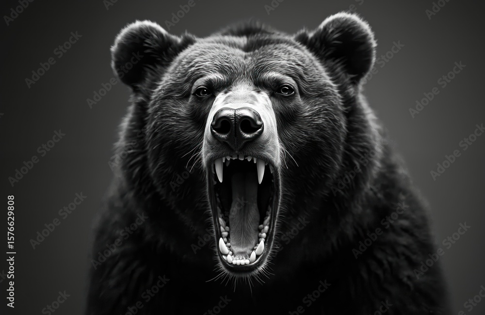 Fototapeta premium Black bear stands on hind legs with open mouth, revealing sharp teeth. Raised front legs and ears create startled or playful gesture. Simple beige background highlights bear striking features.