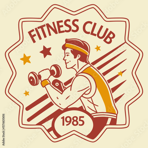 Retro fitness club emblem showing a man lifting weights, ideal for scalable logo designs, branding for gyms, or graphic elements related to exercise and vintage athletic themes from the year 1985.