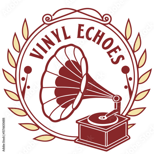 A timeless gramophone graphic with vintage floral accents and elegant typography evokes the nostalgia of vinyl records and classic audio experiences for logo applications.