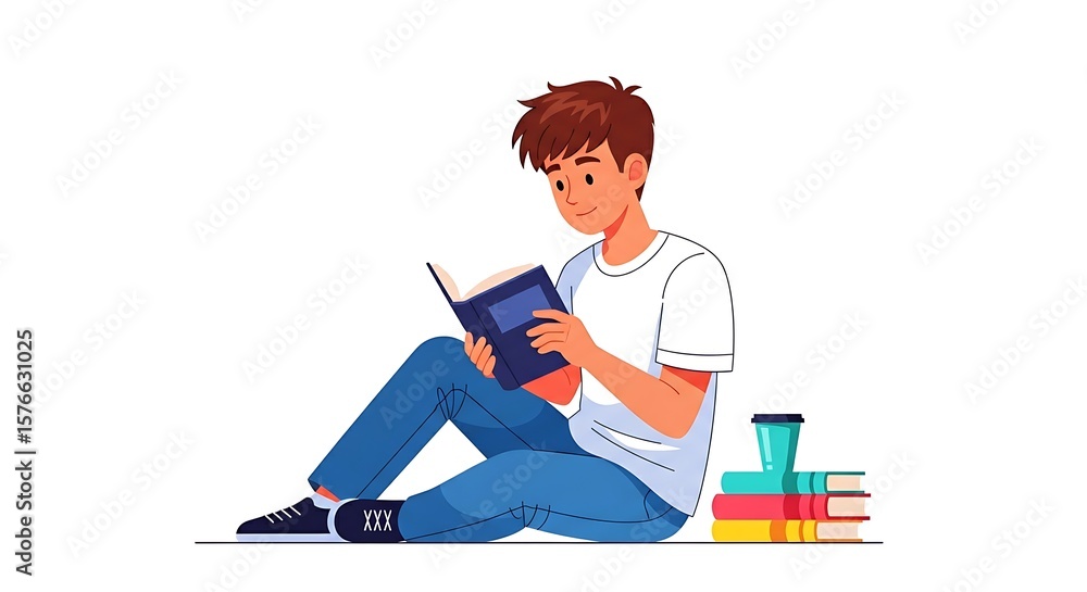 Fototapeta premium Cartoon flat young student reading a book, symbolizing education and knowledge.