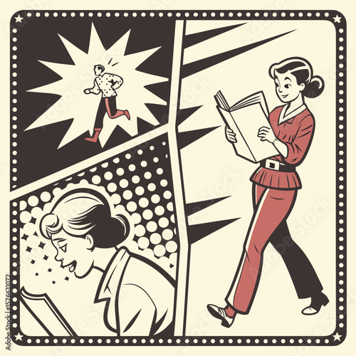 Retro comic book style art featuring a woman reading, another woman enjoying a book, and a man running away from a shining light, all within a bordered panel design.