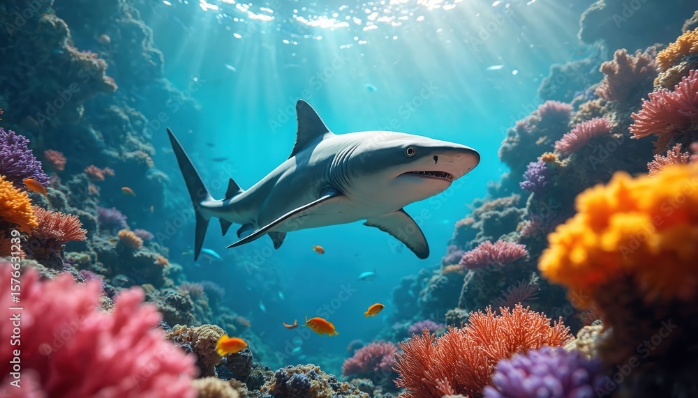 Fototapeta premium Majestic glides through vibrant coral reef ecosystem. Sunlight beams illuminate colorful underwater world teeming with small fish. Vivid marine life displays biodiversity, ocean beauty, ocean depths.