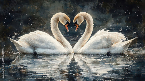 Fototapeta Naklejka Na Ścianę i Meble -  Watercolor painting of a pair of swans nesting together in a heart shape on a peaceful pond