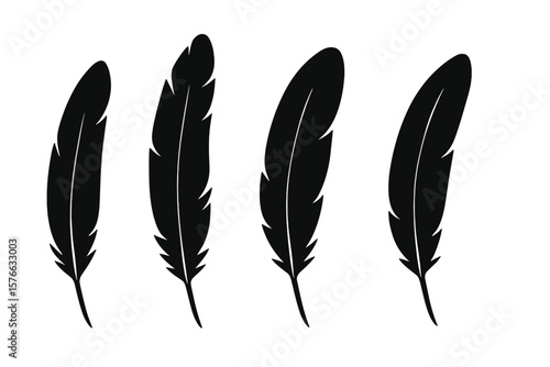 Set of black feather silhouettes. Vector icons collection for logo design or decorative element. Concept of lightness, freedom, bird, quill, writing, boho, spiritual, nature.