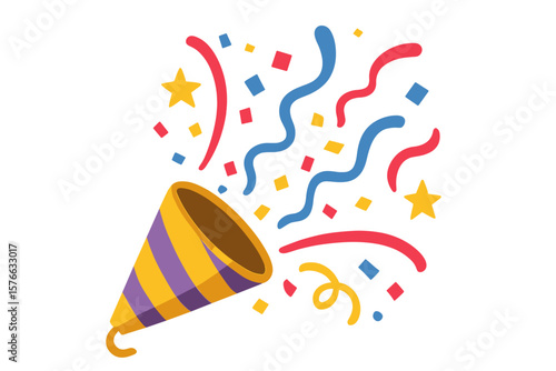 Party popper with exploding confetti and streamers. Festive celebration vector icon. Birthday, anniversary, new year surprise. Success concept. Isolated flat illustration.