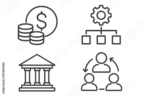 Business and finance line icons. Money management, banking services, corporate structure and teamwork concept. Financial strategy, investment, collaboration vector symbols set.