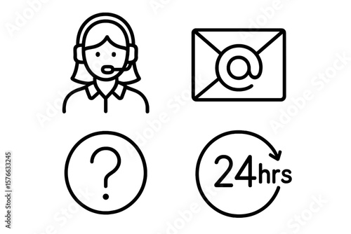 Customer service and support vector icon set. Contact us thin line icons. Call center operator, headset, e-mail, FAQ help question, 24-hour assistance for web and app.