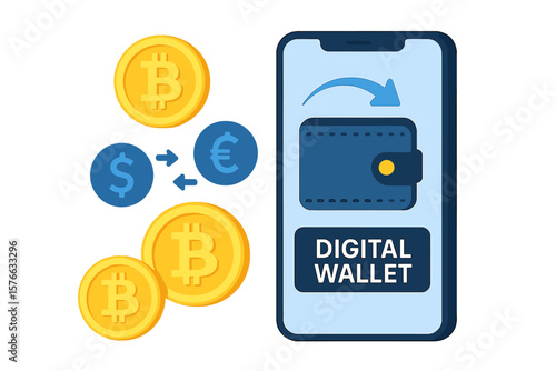 Crypto wallet for bitcoin transaction. Digital currency exchange with mobile phone app. Blockchain technology for finance. Cryptocurrency payment with dollar and euro conversion.