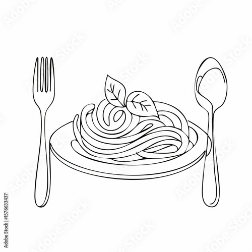 一筆書きのパスタとフォーク

