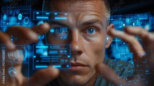 Vision of Tomorrow: A close-up shot of a focused individual, his eyes reflecting a futuristic interface of high-tech displays.