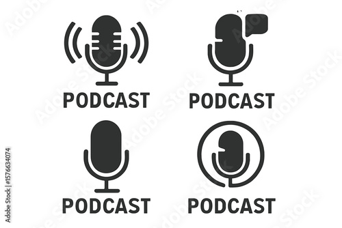 Podcast Microphone Icon Set. 4 Radio Podcast Symbols. Webinar, Online Training, Radio Show, Audio Blog, Webcast, Audio Record, Broadcasting, Flat Vector Design