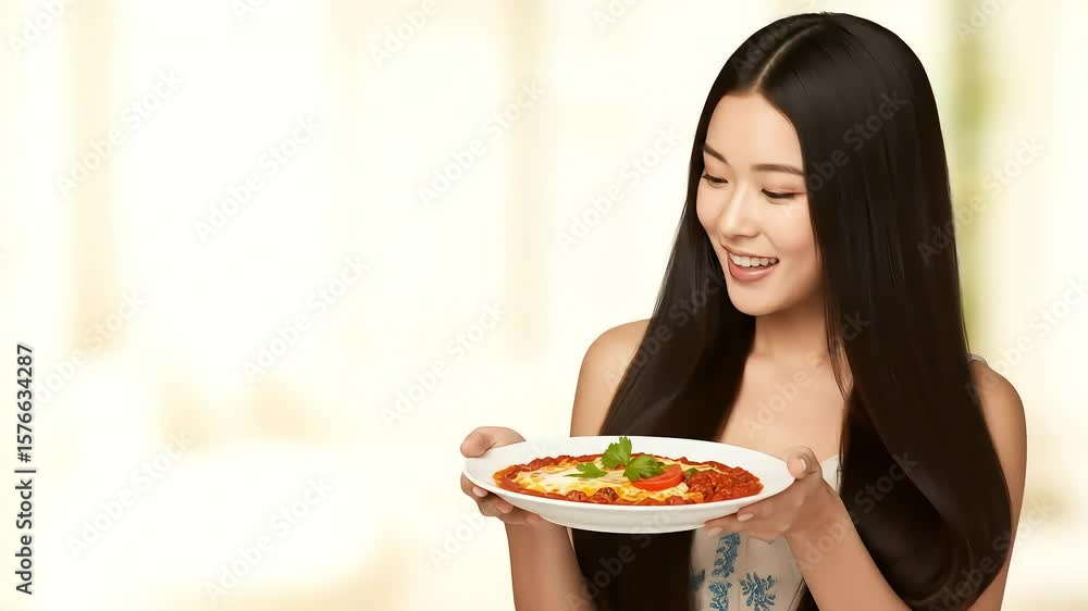 Young Asian Woman Holding Plate With Colorful Meal Smiling in Indoor Setting Young Asian Woman Holding Plate With Colorful Meal Smiling in Indoor Setting