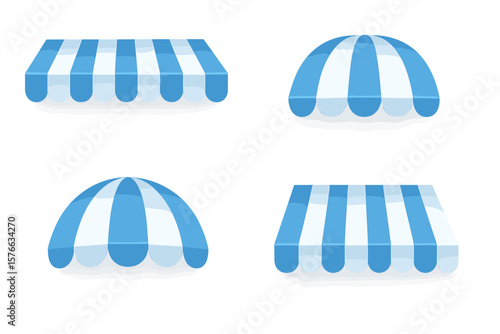 Realistic Blue and White Canopy Awning Set, 4 Shapes with Shadows for Shop, Market, Poster, Banner, Outdoor Tent Sun Shade, Roof Cover, Storefront, Vector Illustration